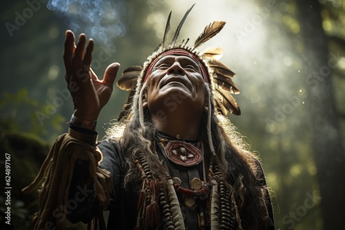 Apache Indian shaman is a native American man. The concept of Columbus day and the discovery of America. Portrait