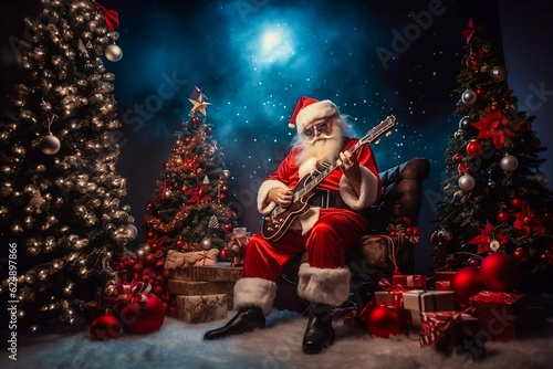 Santa Claus playing music with guitar in front christmas tree