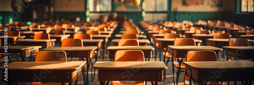 Empty Classroom. Back to school concept in high school. Classroom Interior Vintage Wooden Lecture Wooden Chairs and Desks. Studying lessons in secondary education. generative ai