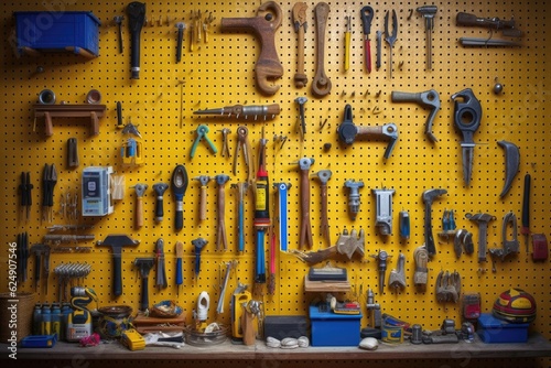 neatly arranged tools on a pegboard wall, created with generative ai