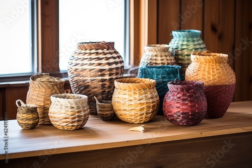 variety of completed woven baskets on a rustic table, created with generative ai