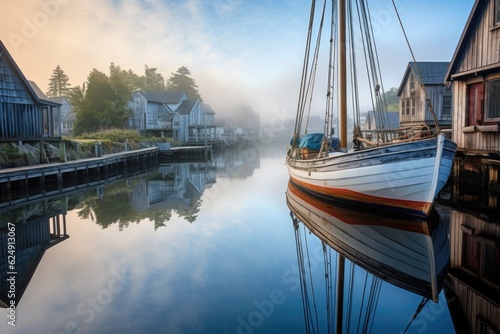 wooden sailboat docked in serene harbor setting, created with generative ai