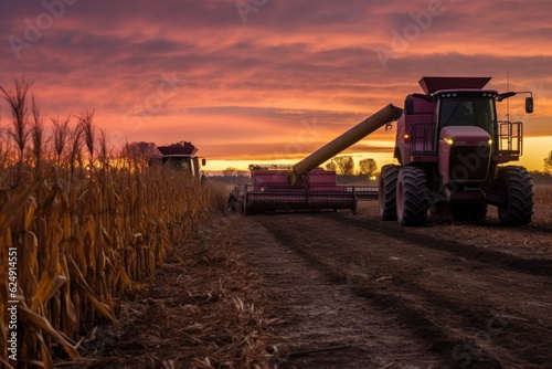 corn harvest equipment parked in the field at dusk, created with generative ai