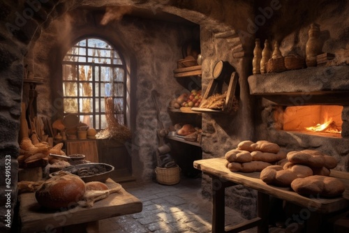 rustic bakery setting with a stone oven and bread, created with generative ai
