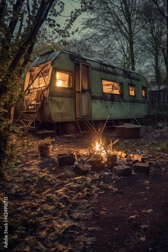 abandoned caravan campsite with remnants of a fire, created with generative ai