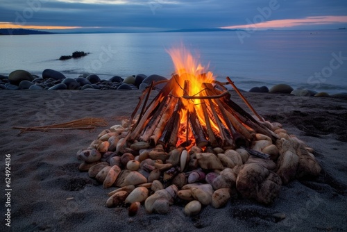 beach bonfire with clam bake cooking on open flame, created with generative ai