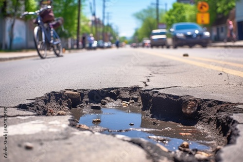 close-up of a pothole on a bicycle lane, danger for cyclists, created with generative ai