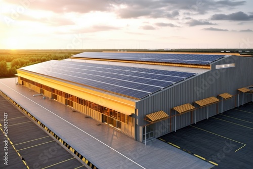 warehouse roof with solar panels for sustainable energy supply, created with generative ai