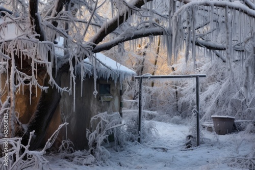 frost-covered branches with hanging suet feeder, created with generative ai