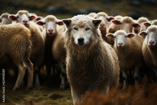 Wolf dressed as a lamb in the middle of the flock. Generative AI.