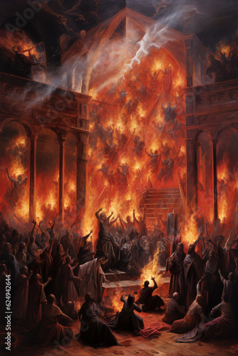 Illustration of a city burning in high flames depicting destruction of Sodom and Gomorrah from the Bible. Illustration created with Generative AI technology