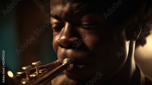 Afro-American male jazz musician trumpeter playing. Created with Generative AI 