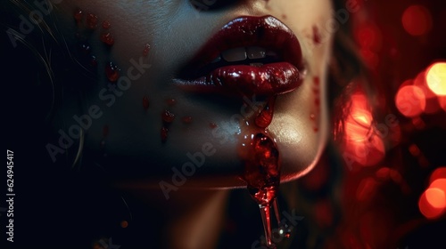 Zombie vampire woman with bloody lips. Created with Generative AI.