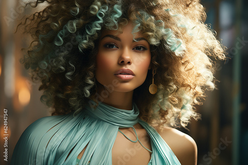 portrait of sensual african american girl, young black woman with curly hair. Hairstyle photo for advertising on cosmetic hair products and conditioner for natural frizzy afro hair. Looking at camera