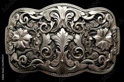 close up of metal cowboy belt buckle isolated on a black background