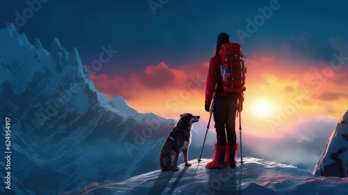 A woman in a winter suit with a backpack stands with a dog on the edge of a snowy mountain. Winter landscape, recreation. Generative AI