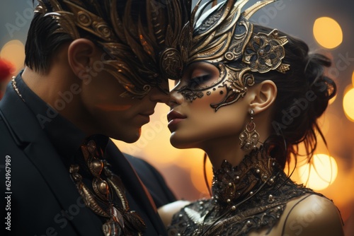 Elegant couple wearing glamour masks at a masquerade ball, evoking the mysterious and sensual atmosphere. Generative Ai