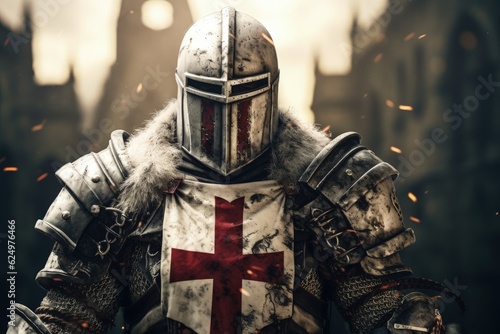 Templar knight with armor, bokeh background, history and fantasy concept. Generative AI