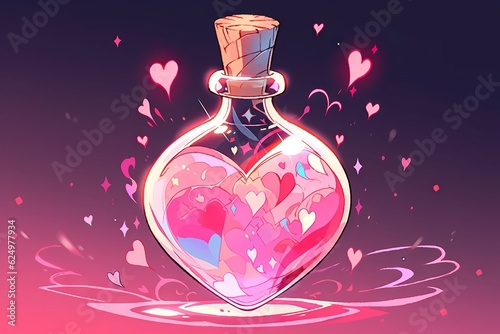 Enchanting love potion bottle radiates colorful charm on wooden table, neon lights, Generative AI