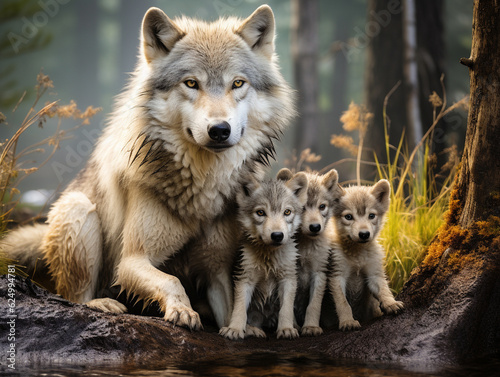 A Wolf and Her Babies in Nature | Generative AI