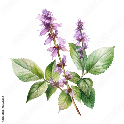 Plant patchouli or Pogostemon cablini branch with flowers and leaves. Hand drawn watercolor illustration isolated on white background.