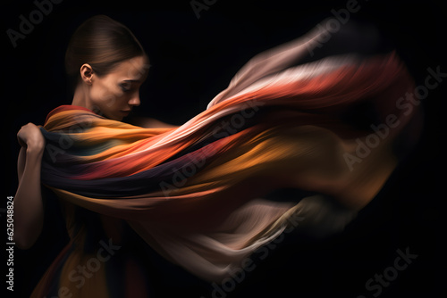 Abstract motion blur photograph of a dancer twirling with flowing fabric, creating a sense of movement and elegance. Generative AI