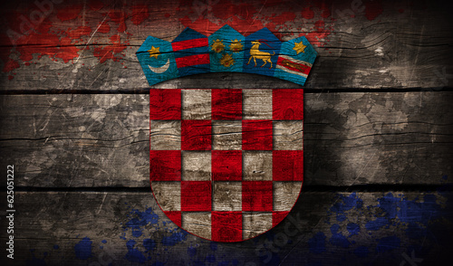 Abstract vintage croatian flag and crest on weathered wood boards