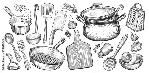 Cooking concept. Kitchen utensils set in vintage engraving style. Sketch illustration