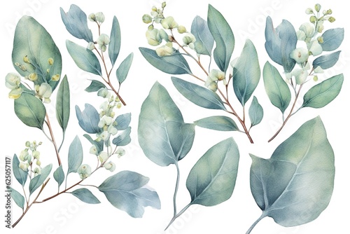 Eucalyptus watercolor set separate white background