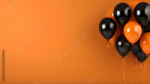 Orange and black helium balloons on an orange background. Generative ai.