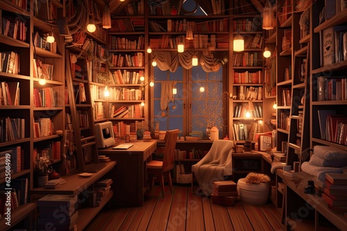 Cozy Bookstore Haven: Filled Shelves, Comfortable Nooks, Warm Lighting, generative AI