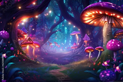 Enchanted Forest: Magical Background with Glowing Mushrooms, Sparkling Fireflies, and Whimsical Fairyland, generative AI