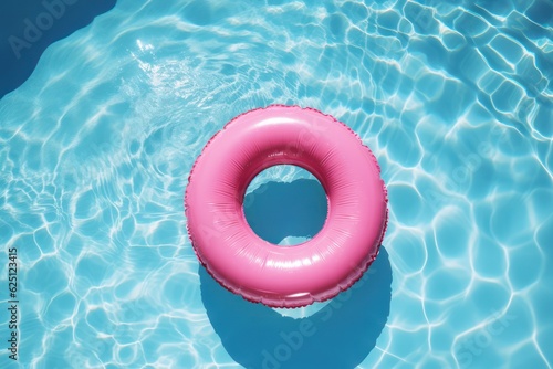 Inflatable buoy ring, kids pink lifebuoy on swimming pool, view from above