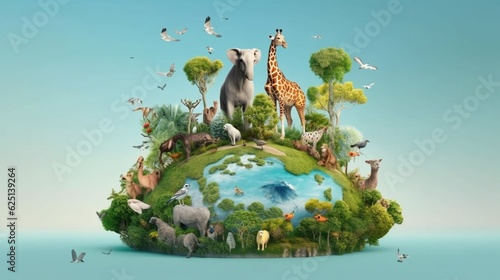 World Wildlife Day with the animals, Earth Day concept Illustration. Generative AI