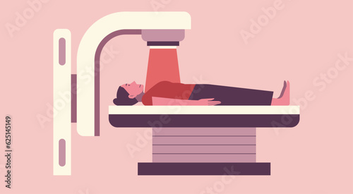 Fighting Breast Cancer, Determined Patient Woman Undergoing Radiation Therapy for Medical Treatment, vector flat illustration