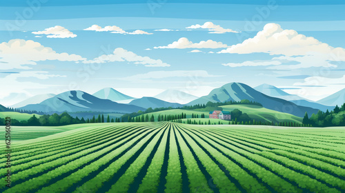 丘の中腹に広がる縞模様の農地、遠景には山々、青い空、白い雲、 Generative AI