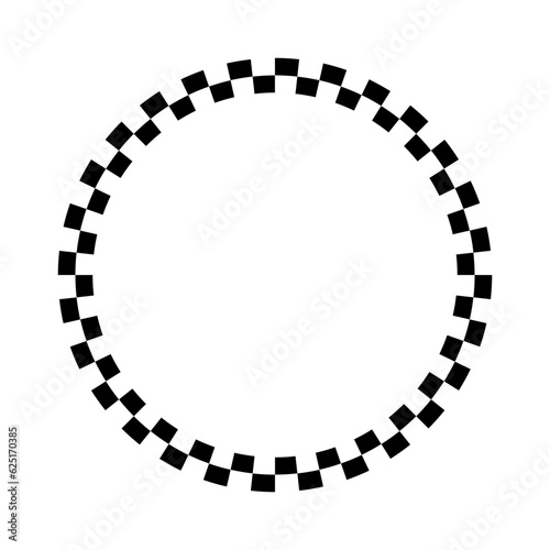 Checkered circle frame isolated on white background. Chequered circular border with black and white alternating square tiles. Checkerboard round race flag vector illustration.
