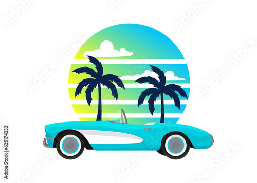 Blue classic corvette car. Summer sunset with palm trees background in retro vintage style. Design t-shirt, print, sticker, poster. Vector