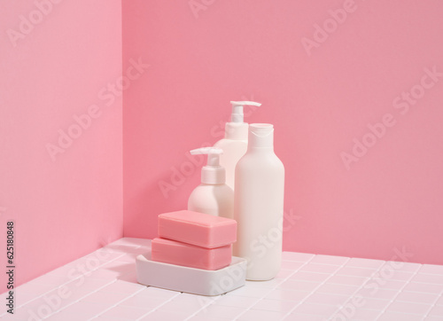 Shower gel, shampoo, soap for bodycare. Beauty concept.