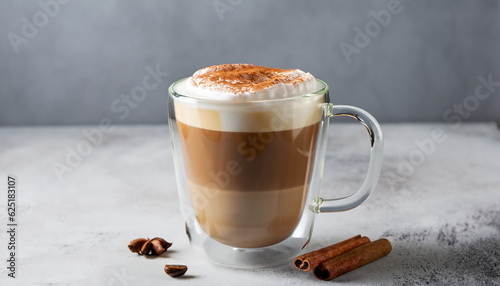 Side view of delicious cappuccino coffee with milk foam sprinkled with cinnamon in a transparent glass mug on a gray background, horizontal format