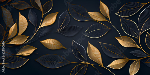 Background with gold and black branches, A black background with gold leaves, Golden and black twig with leaves generative Ai