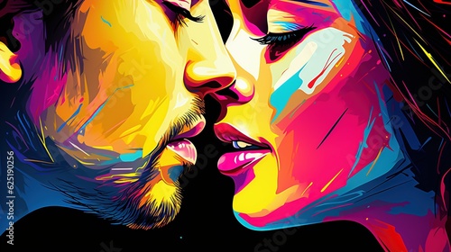 Passionate kiss between charming handsome lovers. Colorfull image of loving couple. Cropped close up profile. Generative AI illustration for cover, card, postcard, interior design, decor or print.