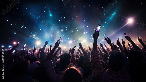 A crowd of people at a live event, concert or party holding hands and smartphones up . Large audience, crowd, or participants of a live event venue with bright lights above. Generative AI.