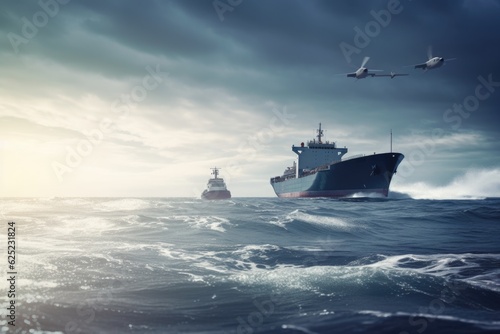 Battleship war ship corvette with helicopter on deck performing military exercises in baltic sea