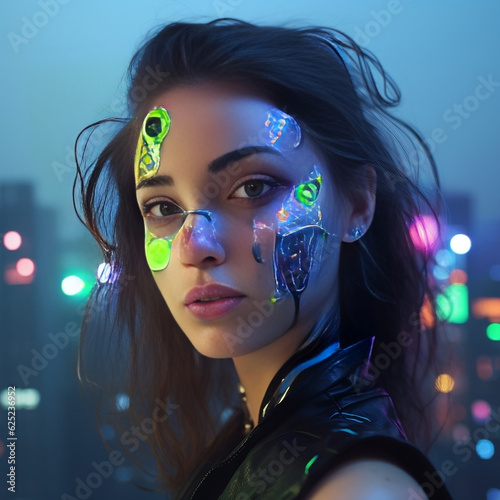 Girl portrait in futuristic cyberpunk neon style brown hair light skin dark big eyes