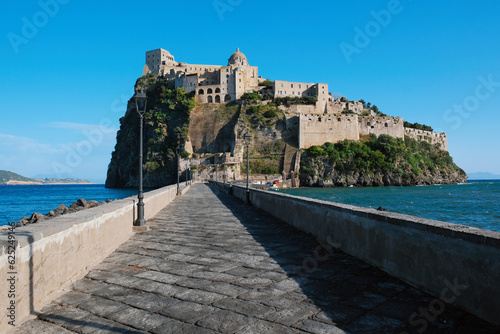 Aragonese Castle seen from the bridge to Ischia Island, at the northern end of the Gulf of Naples, Italy.