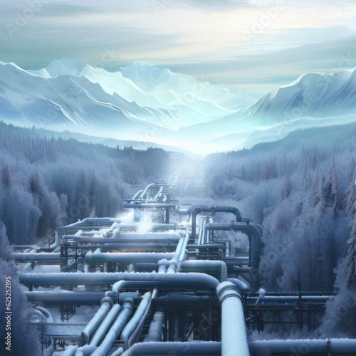 Natural Gas Pipeline amidst Snow and Snow-Capped Mountains.generative AI