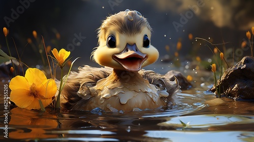  a duckling in the water with yellow flowers in the background. generative ai