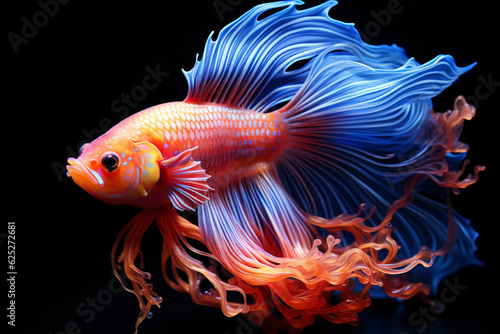 Colorful betta fish isolated on black background, cockerel in aquarium close-up, AI Generated