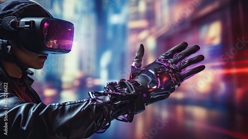 Haptic VR glove against a futuristic interface. Generative AI